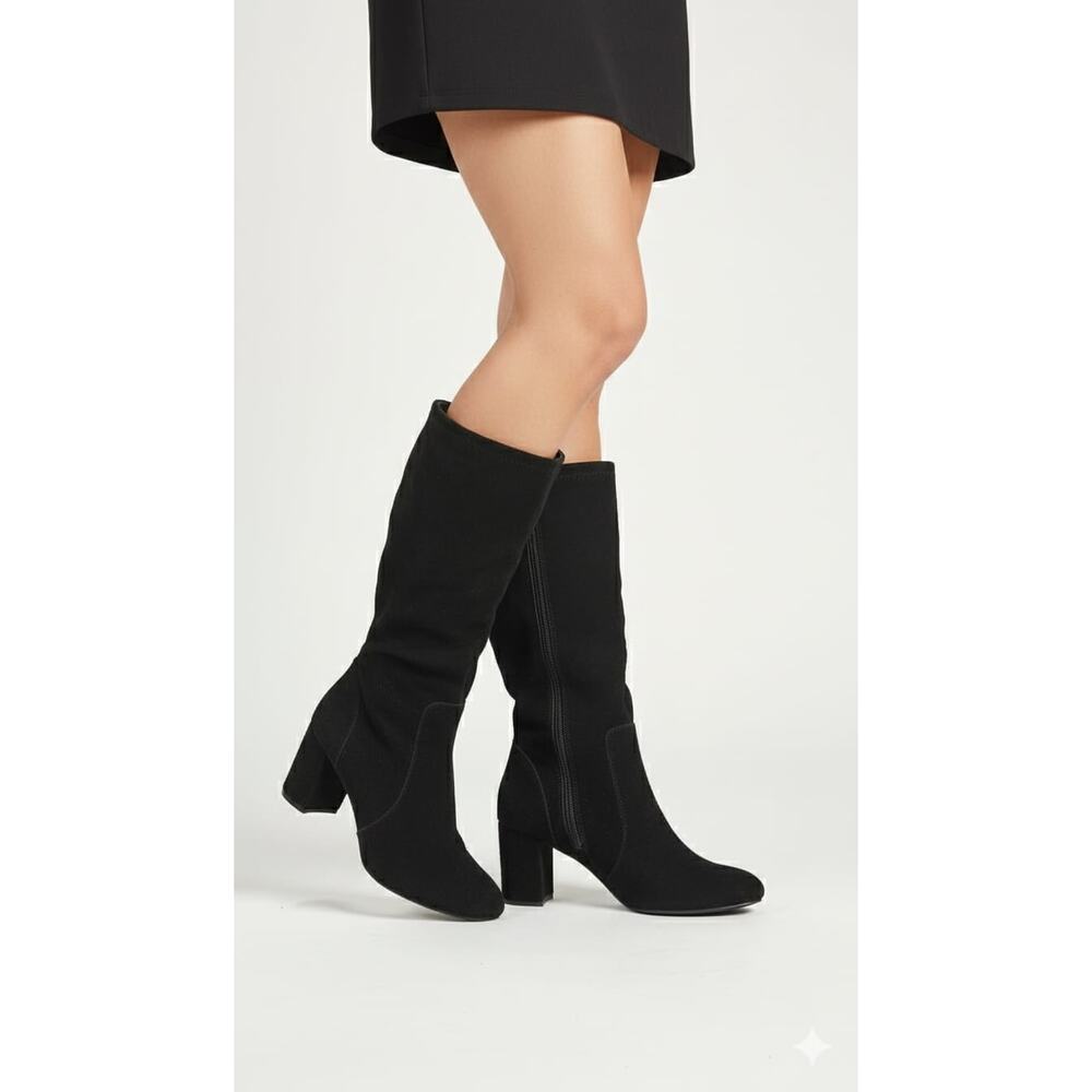 Essex Lane Suede Leather Knee High Boots Black Round Toe Heeled Boots Size 9 - Picture 2 of 6